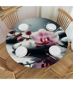 Ulloord  Round Table Fitted Table Cover with Elastic Edged Japanese Zen Bamboo Flower Orchid Waterproof Table  for Party Kitchen Dining Indoor Outdoor Table