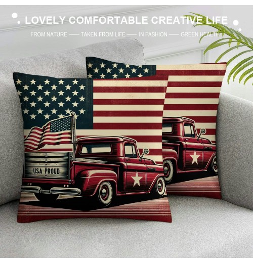 Ulloord Vintage Red Truck Throw pillow Covers America Flag Decorative pillow Covers Square Rustic Dog pillow Case Cushion Cover Home Outdoor Decor Sofa Bed