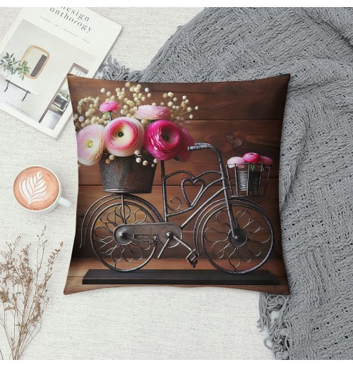 Ulloord &nbsp;Bicycle Throw pillow Covers with Spring Rose Flower pillow Case Brown Wood Background Farmhouse pillowcase for Home Sofa Couch Bedroom