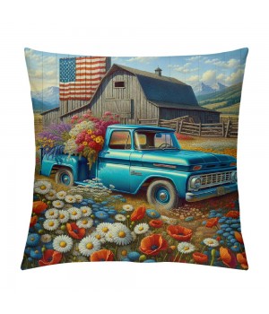 Ulloord Throw pillow Covers Vintage Blue Truck with White Daisy Flower Decorative pillow Covers American Flag Independence Day Flag pillow Case Cushion Cover