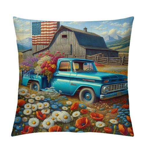 Ulloord Throw pillow Covers Vintage Blue Truck with White Daisy Flower Decorative pillow Covers American Flag Independence Day Flag pillow Case Cushion Cover