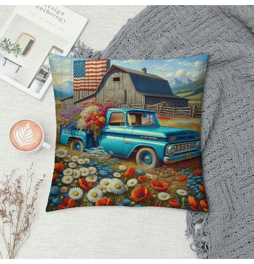 Ulloord Throw pillow Covers Vintage Blue Truck with White Daisy Flower Decorative pillow Covers American Flag Independence Day Flag pillow Case Cushion Cover