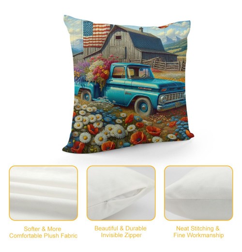 Ulloord Throw pillow Covers Vintage Blue Truck with White Daisy Flower Decorative pillow Covers American Flag Independence Day Flag pillow Case Cushion Cover