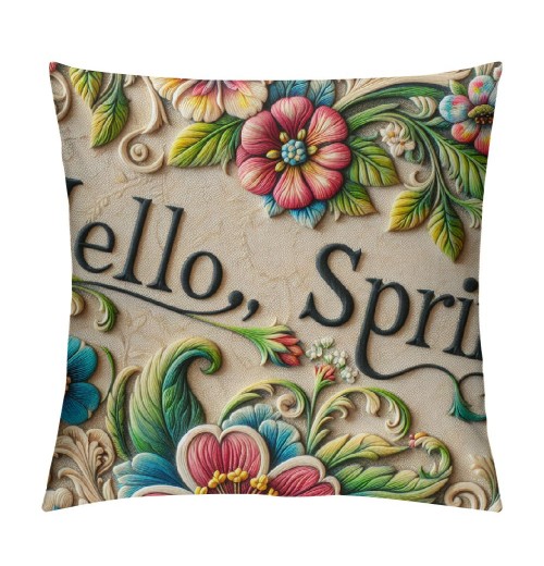 Ulloord  Hello Spring Quote Throw pillow Covers Plant with Flower Decorative pillow Cover pillowcase Colorful Cushion Cover