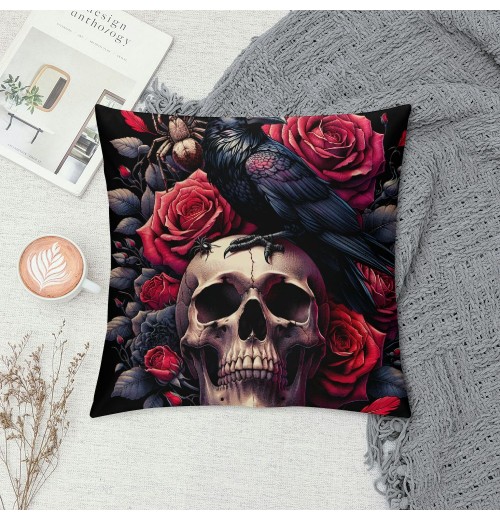 Ulloord Halloween pillow Cover Sugar Skull Rose Flowers Skeleton Halloween All Saints Day Goth Gothic Crow Spider Throw pillow Case Decorative Cushion Covers