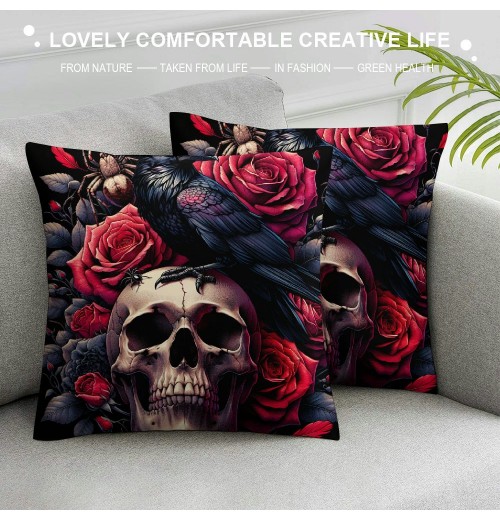 Ulloord Halloween pillow Cover Sugar Skull Rose Flowers Skeleton Halloween All Saints Day Goth Gothic Crow Spider Throw pillow Case Decorative Cushion Covers