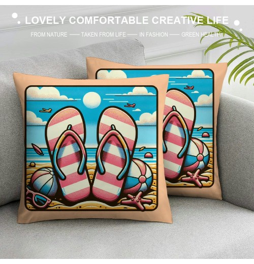 Ulloord Blue Beach Pink Flip Flops pillow Covers Summer Tropical Palm Trees Ocean Sea Shell Starfish Decorations Throw pillow Cover Outdoor Seaside Couch pillow Cases