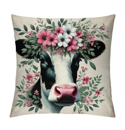 Ulloord Lovely Cow Throw pillow Covers Black White Cow with Floral Farmhouse pillow Cover Hidden Zipper Cute Animal pillowcase Square Outdoor Cushion Cover for Sofa Couch(Cow)