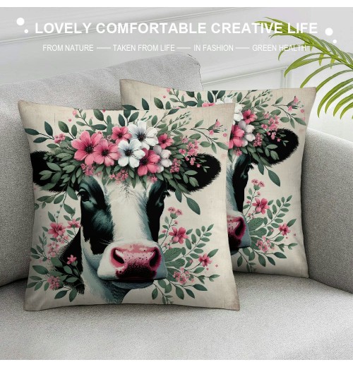 Ulloord Lovely Cow Throw pillow Covers Black White Cow with Floral Farmhouse pillow Cover Hidden Zipper Cute Animal pillowcase Square Outdoor Cushion Cover for Sofa Couch(Cow)