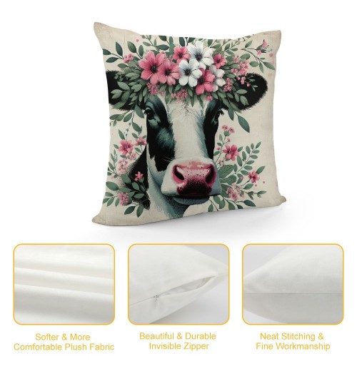 Ulloord Lovely Cow Throw pillow Covers Black White Cow with Floral Farmhouse pillow Cover Hidden Zipper Cute Animal pillowcase Square Outdoor Cushion Cover for Sofa Couch(Cow)