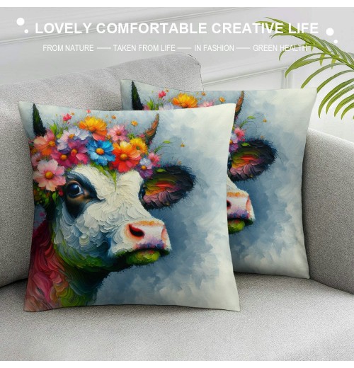 Smilayrd Farm Animal Farmhouse pillow Covers Oil Painting Lovely Cow with Decor Throw pillow Case Rustic Country Animal Cushion Cover Outdoor for Sofa