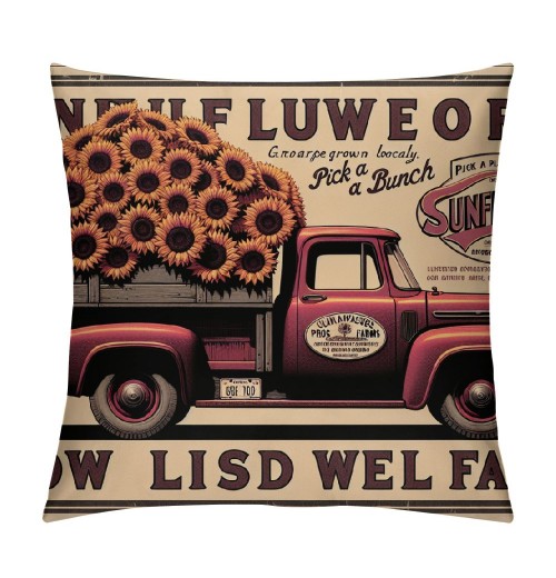 Ulloord  Vintage Red Truck pillow Cover Wood Grain with Sunflowers Pattern Decorative Throw pillowcase Square Cushion Covers Decor Rustic Home Sofa