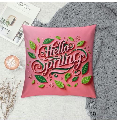 Ulloord  Hello Spring pillow Covers Pink Green Leaves Spring Farmhouse Decorative Throw pillow Cases Square Cushion Cover for Sofa Couch