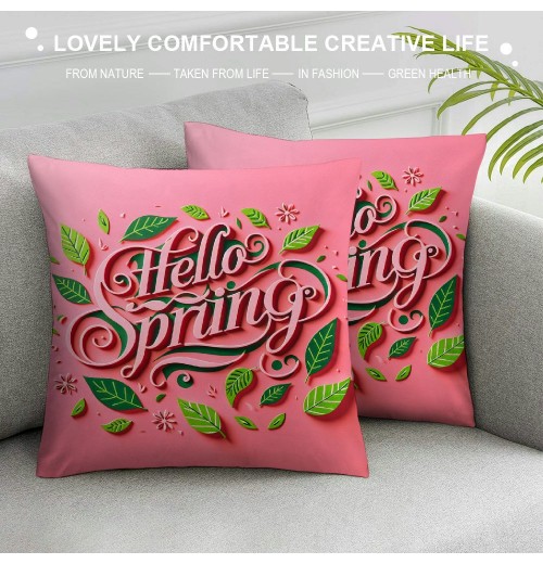 Ulloord  Hello Spring pillow Covers Pink Green Leaves Spring Farmhouse Decorative Throw pillow Cases Square Cushion Cover for Sofa Couch