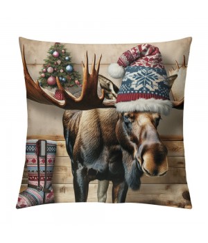 Ulloord Vintage Wood Background Wildlife Elk Moose Bear Squirrel Throw pillow Covers Square Decorative pillowcase Merry Christmas Animal Winter Farmhouse Home Decor