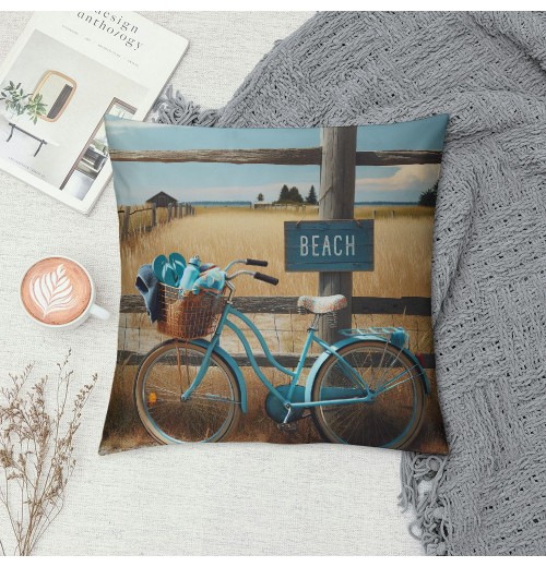 Ulloord Beach Blue Bike Throw pillow Covers Summer Coastal Bicycle Decorative Vintage Outdoor pillow Covers Cushion Cover&nbsp;Slippers Print Decor Sofa Couch