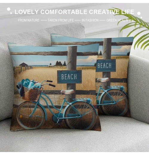 Ulloord Beach Blue Bike Throw pillow Covers Summer Coastal Bicycle Decorative Vintage Outdoor pillow Covers Cushion Cover&nbsp;Slippers Print Decor Sofa Couch