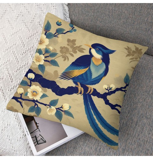 Ulloord  Vintage Rustic Birds Floral Throw pillow Cushion Cover Watercolor Blue Birds with Poppies Flowers Blooming pillow Covers pillow Case for Home Sofa