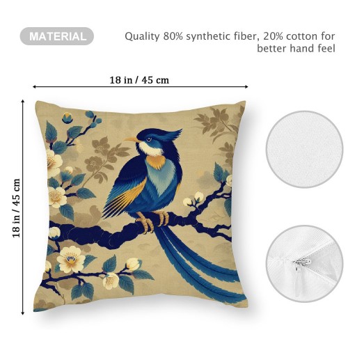 Ulloord  Vintage Rustic Birds Floral Throw pillow Cushion Cover Watercolor Blue Birds with Poppies Flowers Blooming pillow Covers pillow Case for Home Sofa