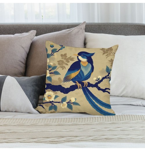 Ulloord  Vintage Rustic Birds Floral Throw pillow Cushion Cover Watercolor Blue Birds with Poppies Flowers Blooming pillow Covers pillow Case for Home Sofa