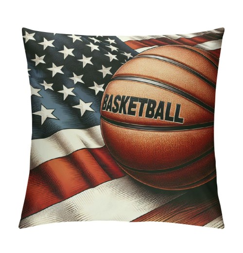 Vintage Rustic American Flag with Basketball Throw pillow Cover for Independence Day Decorative pillow Covers Throw pillow Case Patriotic Cushion Cover