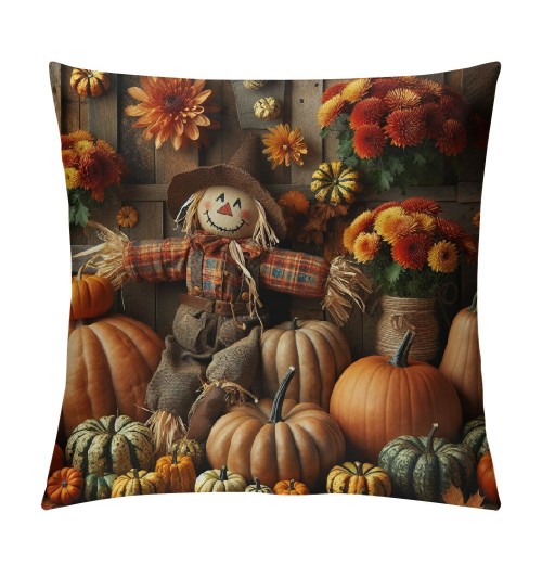 Ulloord pillow Covers Pumpkin Sunflower Fall Leavers Scarecrow Wreath Decorative Throw pillow Cover Vintage Wood Grain pillowcase Cushion Cover