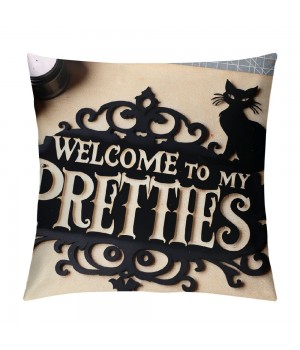 Halloween Decoration Cat Witches and Welcome Quote Saying Decorative pillow Covers Chalkboard Black Toss Throw pillowslip Cushion Cover for Home Sofa pillowcase (C-)