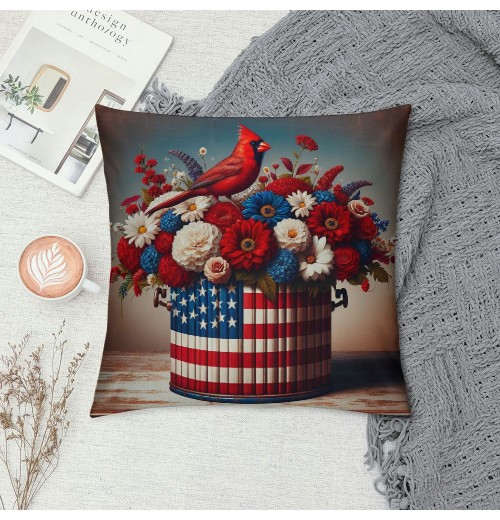 Ulloord  Red Bird Home Farmhouse pillow Covers Vintage American Flag with Sunflower Flower Farm pillow Cases Wood&nbsp;Memorial Day Theme pillows Cushion Cover for Sofa(USA Flag)