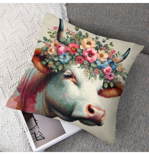 Ulloord Farmhouse Cow pillow Covers Vintage Watercolor Animal Print Decor pillows case Cushion Cover Decorations Kids Sofa Bed Office(Cow Floral)