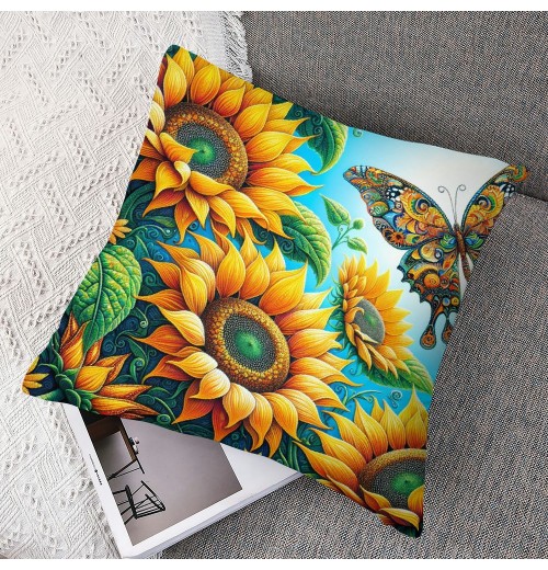 Ulloord Throw pillow Covers Vibrant Sunflower with Insect Butterfly Pattern Decorative pillowcases Throw pillow Case Home Couch Cushion Cover for Summer Decor