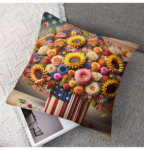 Ulloord Red Bird Home Farmhouse pillow Covers Vintage American Flag with Sunflower Flower Farm pillow Cases Wood&nbsp; Theme pillows Cushion Cover for Sofa(USA Flag)