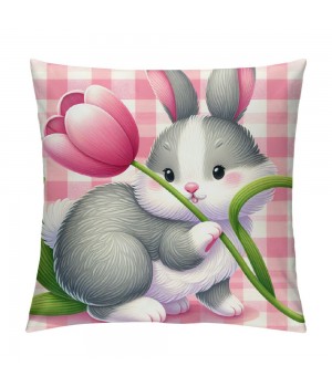 Ulloord  Easter pillow Covers Farmhouse Decorations for Spring Decorative Pink Buffalo Plaid Bunny Eggs Throw Cushion Case for Home Decor