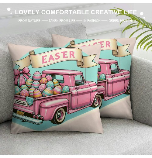 Ulloord pillow Covers, Rabbits Bunny Hello Peeps Eggs Truck Striped Farmhouse Decorative Throw pillowcases for Home Sofa Couch Decoration