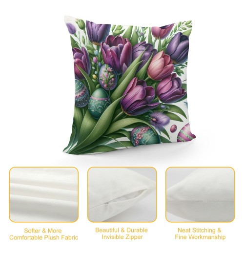 Ulloord Purple Tulips Rabbit Easter pillow Covers Buuny Eggs Easter Decorations Flowers Spring Farmhouse Throw Cushion Case for Home Sofa Couch