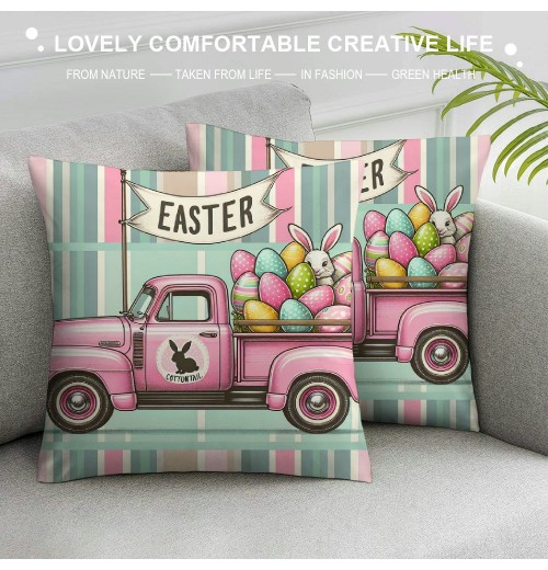 Ulloord pillow Covers, Rabbits Bunny Hello Peeps Eggs Truck Striped Farmhouse Decorative Throw pillowcases for Home Sofa Couch Decoration