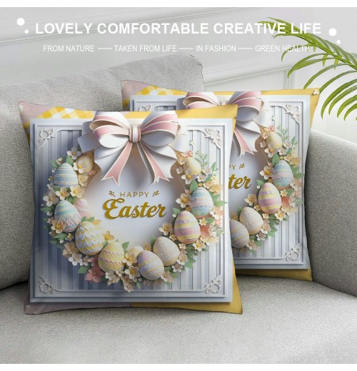 Ulloord Easter pillow Covers Bunny Eggs Yellow and White Plaid Cushion Cases Holiday Home Decorations for Sofa Couch Farmhouse Outdoor Living Room Decor