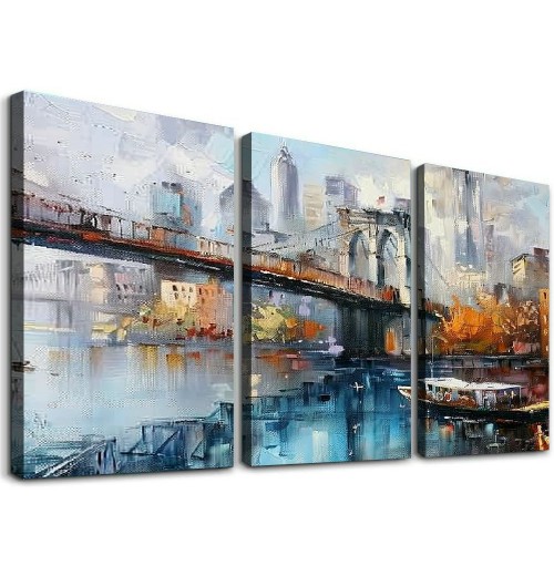 Brooklyn Bridge Wall Art New York Canvas Abstract Cityscape Painting, NYC Skyline Textured Picture Modern Colorful Artwork Framed for Living Room Bedroom Bathroom Office Home Decor 