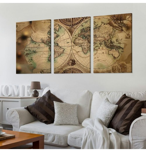 World Map Wall Art Canvas Old Nautical Map Picture Beige Retro Painting Globe Spherical Vintage Map Artwork for Bedroom Living Room Study Room Teens Room Home Office Large Decor 