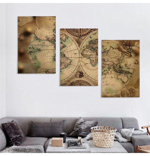 World Map Wall Art Canvas Old Nautical Map Picture Beige Retro Painting Globe Spherical Vintage Map Artwork for Bedroom Living Room Study Room Teens Room Home Office Large Decor 