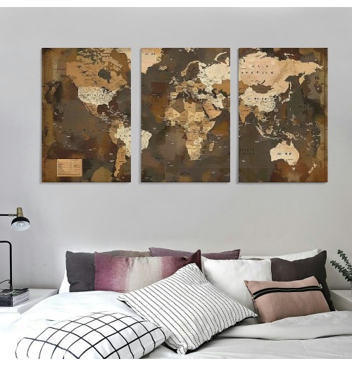 World Map Canvas Wall Art Retro Beige Abstract Painting Vintage Old Nautical Picture Framed Artwork Prints for Living Room Guest Bedroom Room Home Office Large Wall Decor 