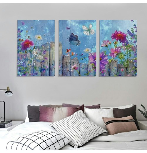 Purple Floral Flowers Canvas Wall Art Pink Botanical Butterfly Painting Watercolor Landscape Picture Large Artwork Framed for Bedroom Bathroom Living Room Farmhouse Office Home