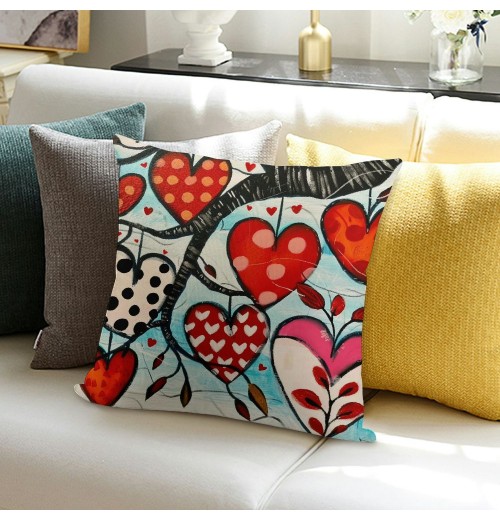  Valentines Day Throw pillow Covers , Love Heart Tree Spring Farmhouse Holiday Red Cushion Case for Home Sofa Couch Decoration