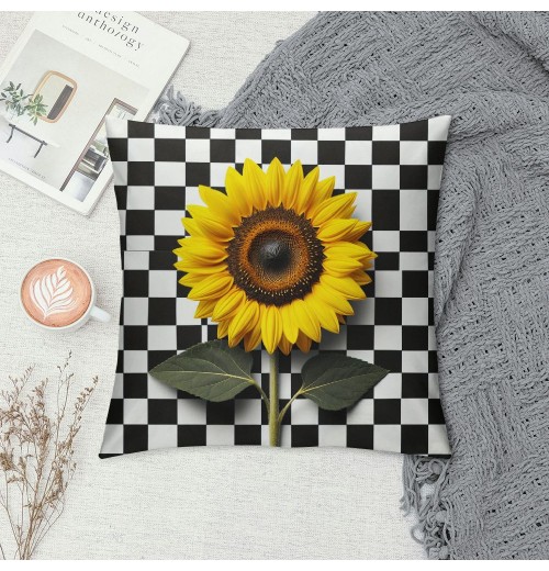 PHYHOO Summer decoration Square pillowcase Sunflower decoration farmhouse hug pillowcase Buffalo plaid short plush pillowcase home decor