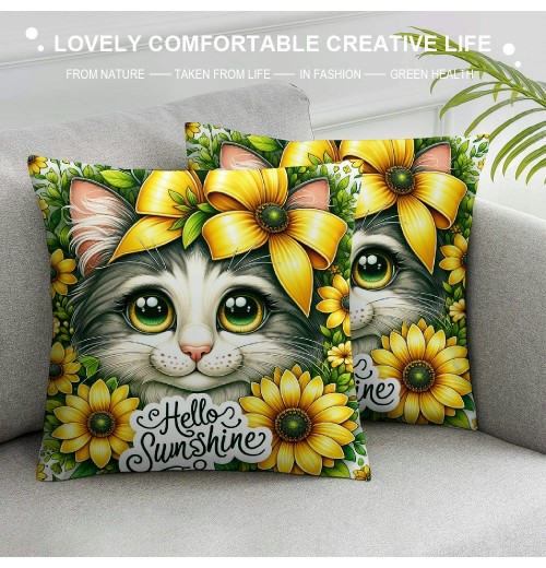 PHYHOO Summer pillow Cover Cat Decor Sunflower Farmhouse Seasonal pillow Case Decorations for Home Sofa Couch (Yellow)