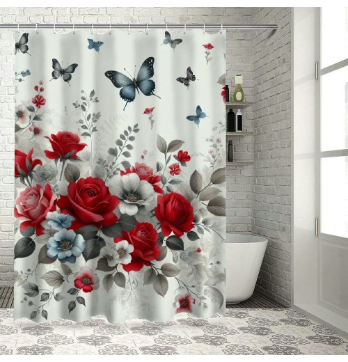 Shangniulu Red Rose Shower Curtain Retro Rose Floral Decorative Bath Curtain Polyester Fabric Waterproof Bathroom Curtain with Hooks