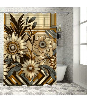 Shangniulu Shower Curtain, Flowers Zigzags with Mid Century Modern Boho Influences,  Fabric Bathroom Decor Set with 