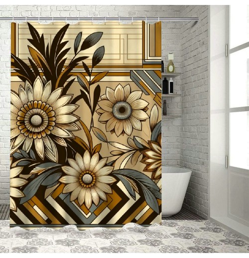 Shangniulu Shower Curtain, Flowers Zigzags with Mid Century Modern Boho Influences,  Fabric Bathroom Decor Set with 