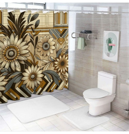 Shangniulu Shower Curtain, Flowers Zigzags with Mid Century Modern Boho Influences,  Fabric Bathroom Decor Set with 