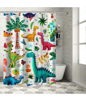 Shangniulu Cartoon Dinosaur Shower Curtain Colorful Animals Plants for Boys Girls Polyester Fabric Waterproof Shower Curtain Sets Machine Washable Decor Bath Curtain