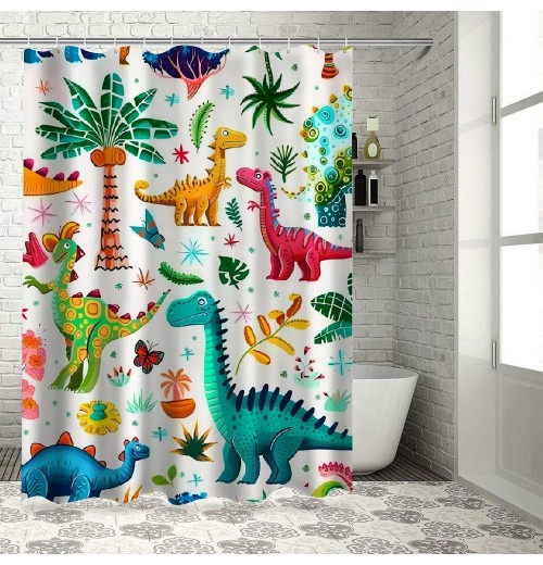 Shangniulu Cartoon Dinosaur Shower Curtain Colorful Animals Plants for Boys Girls Polyester Fabric Waterproof Shower Curtain Sets Machine Washable Decor Bath Curtain